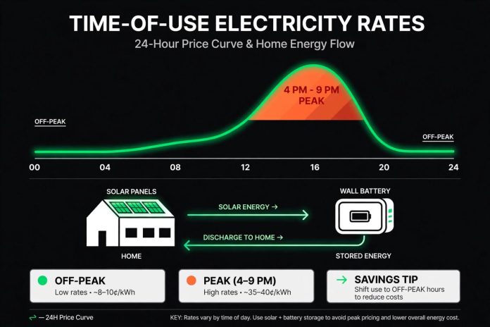 Infographic showing a 24-hour electricity price curve with the 4 to 9 p.m. peak window highlighted, plus a solar home with a battery