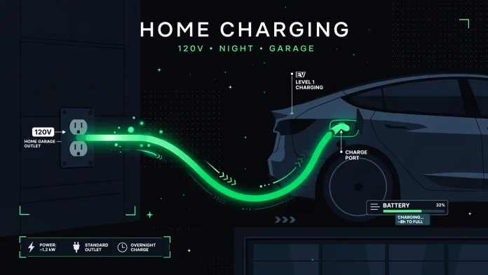 Illustration of an electric car charging overnight from a 120V home garage outlet with a glowing green energy flow