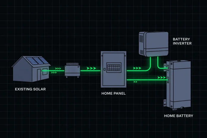 Dark-brand infographic diagram of AC coupling: existing solar panels, inverter, home electrical panel and a home battery connected by glowing green energy-flow lines