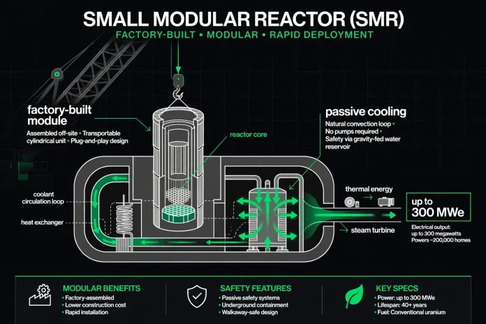 Illustration of a factory-built small modular reactor module being lowered into its containment building