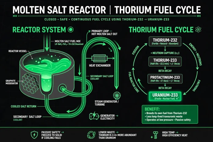 Thorium Reactors Explained: Why the Safer Nuclear Fuel Still Is Not Powering the Grid Dark-brand infographic of a molten salt reactor vessel with a glowing green thorium fuel cycle loop converting thorium-232 to uranium-233
