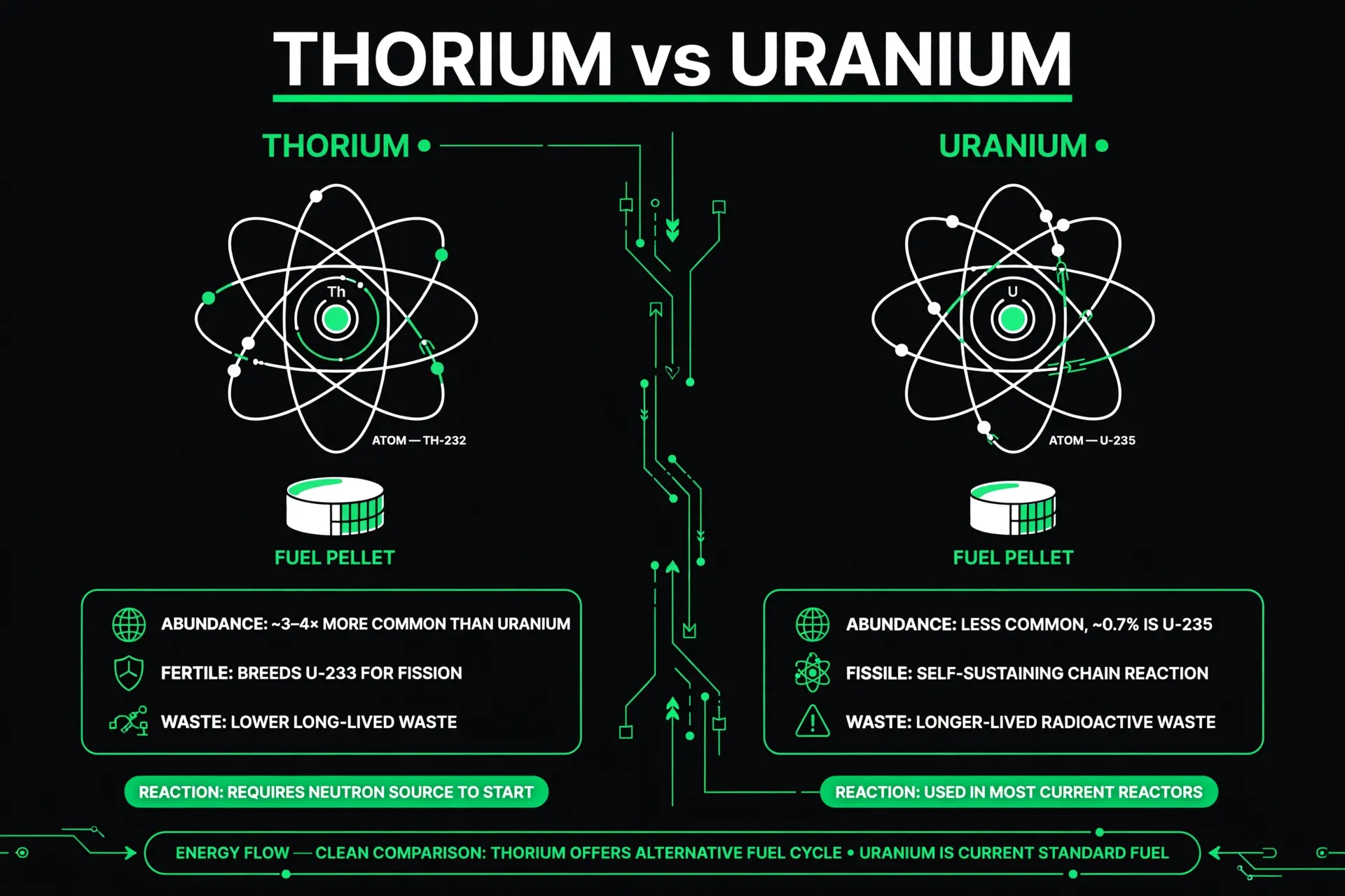 Dark-brand infographic comparing thorium and uranium fuel pellets with green energy-flow lines