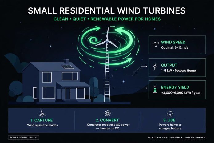 Vector illustration of a small residential wind turbine beside a house at dusk with green wind-flow swirls
