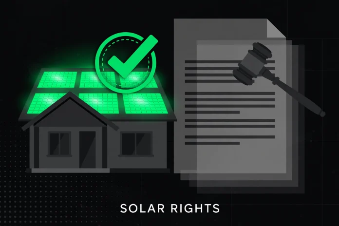 Dark-brand illustration of a suburban house with rooftop solar panels beside a legal contract with a gavel and a green checkmark, labelled Solar Rights