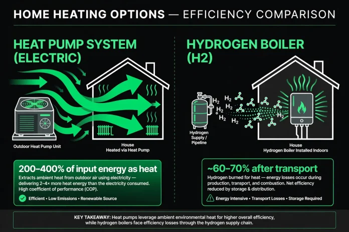 Illustration comparing a heat pump and a hydrogen boiler for home heating