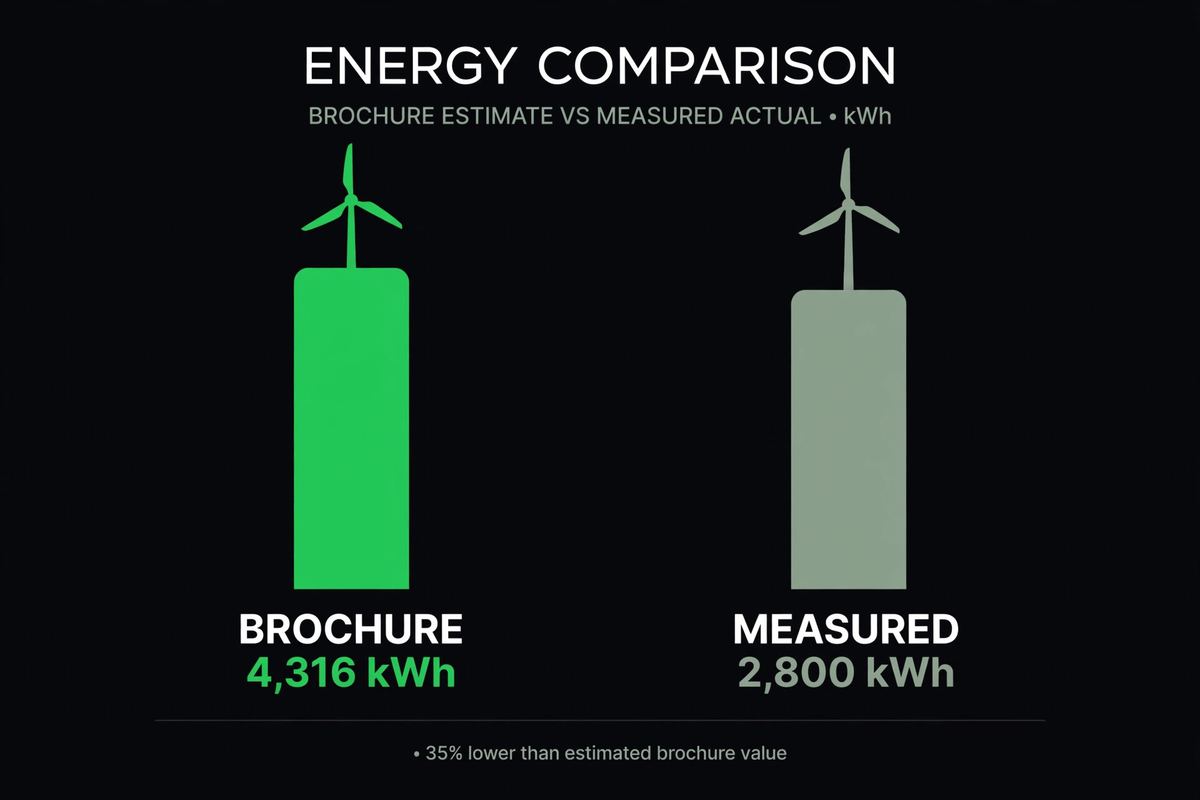 Bar chart comparing brochure output of 4,316 kWh with measured real-world output of 2,800 kWh