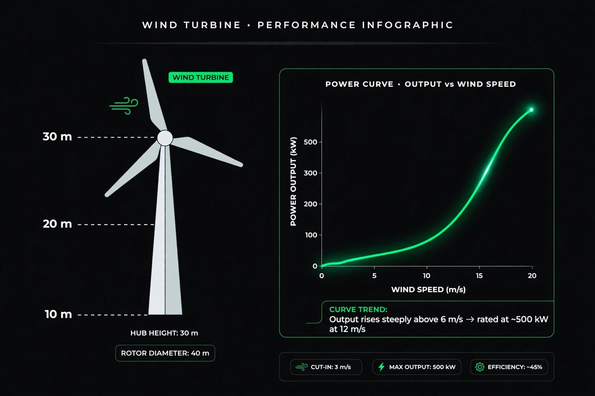 Wind turbine tower with height markers and a green power curve showing output rising with wind speed