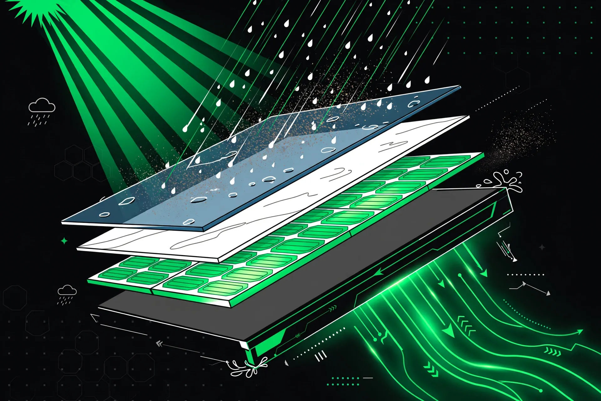 Dark-brand cross-section of a tilted solar panel with rain washing dust off its surface