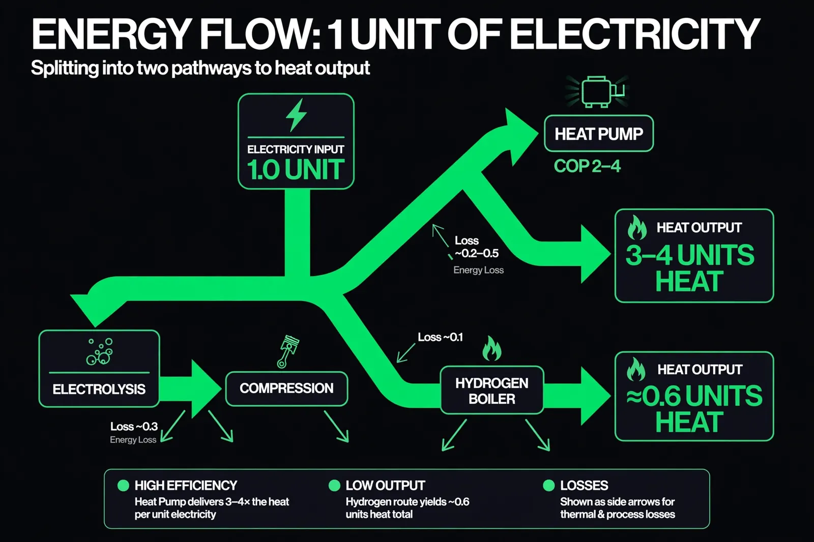 Energy flow diagram comparing heat pump efficiency with hydrogen boiler efficiency