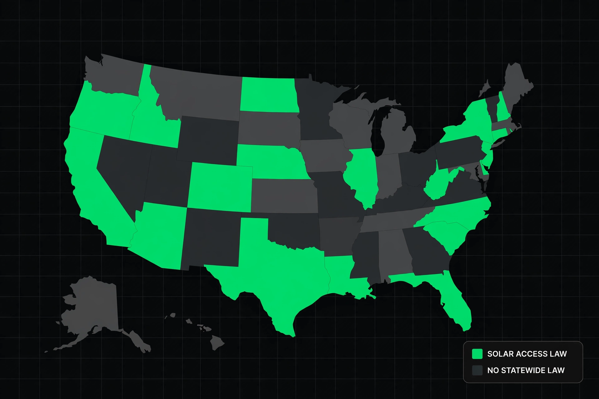 Stylised US map highlighting states with solar-access laws in green