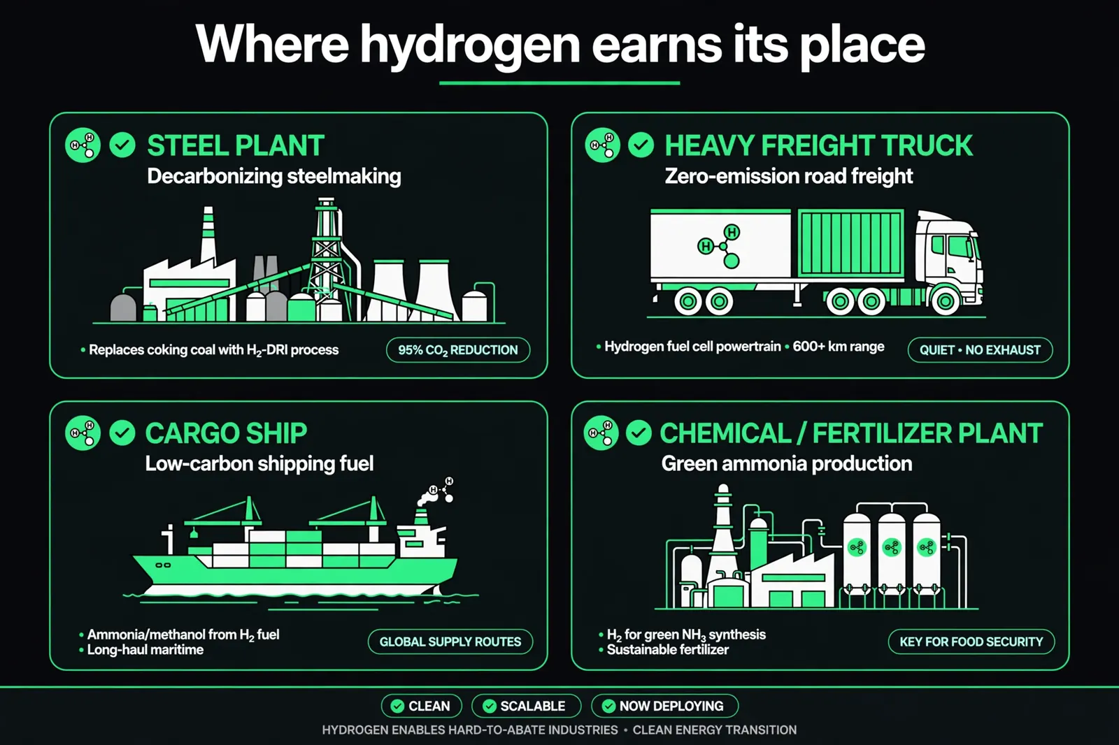 Illustration of hydrogen's best uses: steelmaking, heavy transport, shipping and chemicals