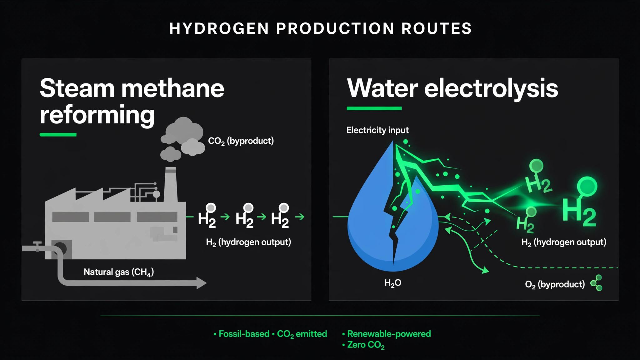 Diagram comparing hydrogen production routes: steam methane reforming versus water electrolysis