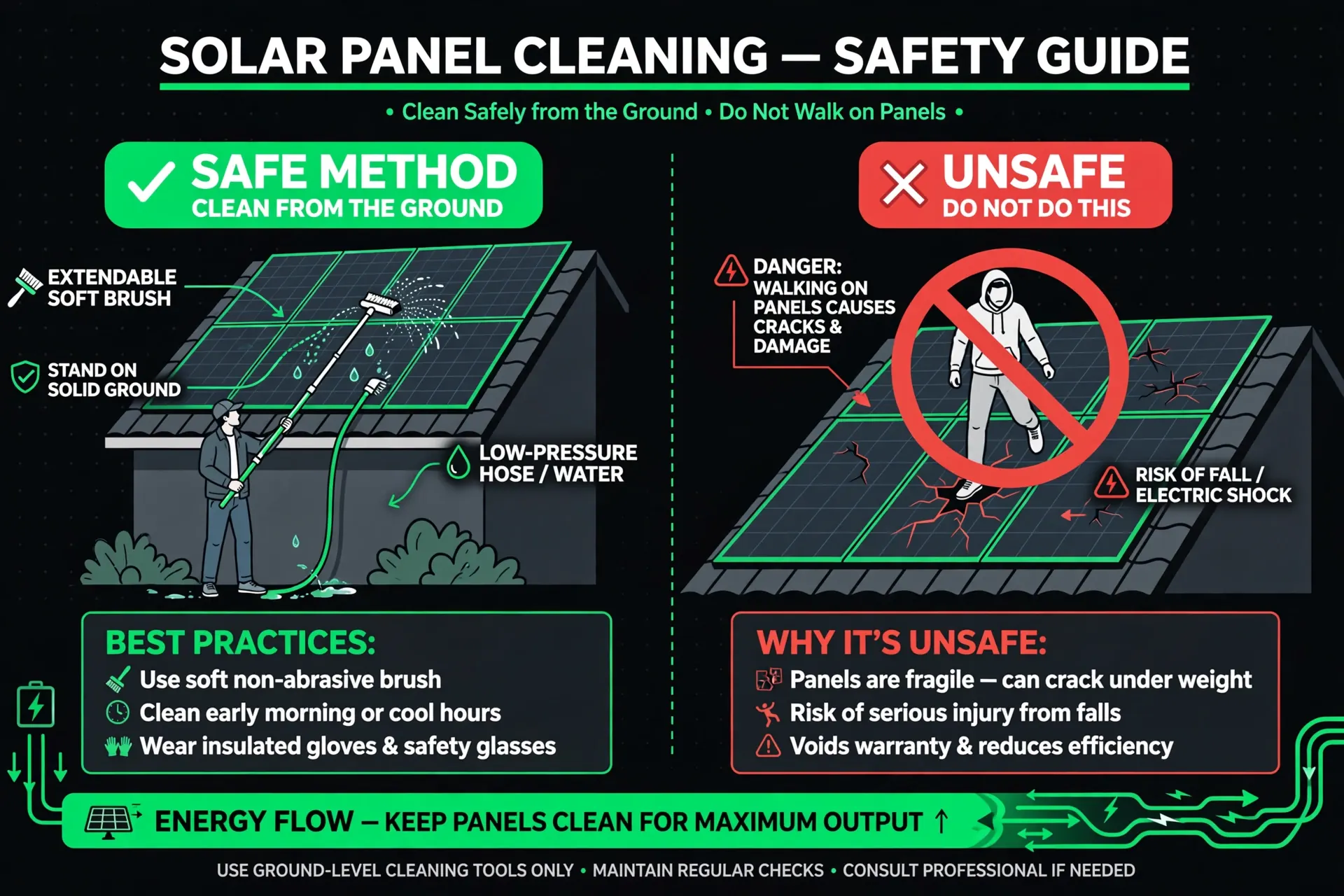 Dark-brand illustration of safe ground-level solar panel cleaning and a crossed-out figure stepping on a panel