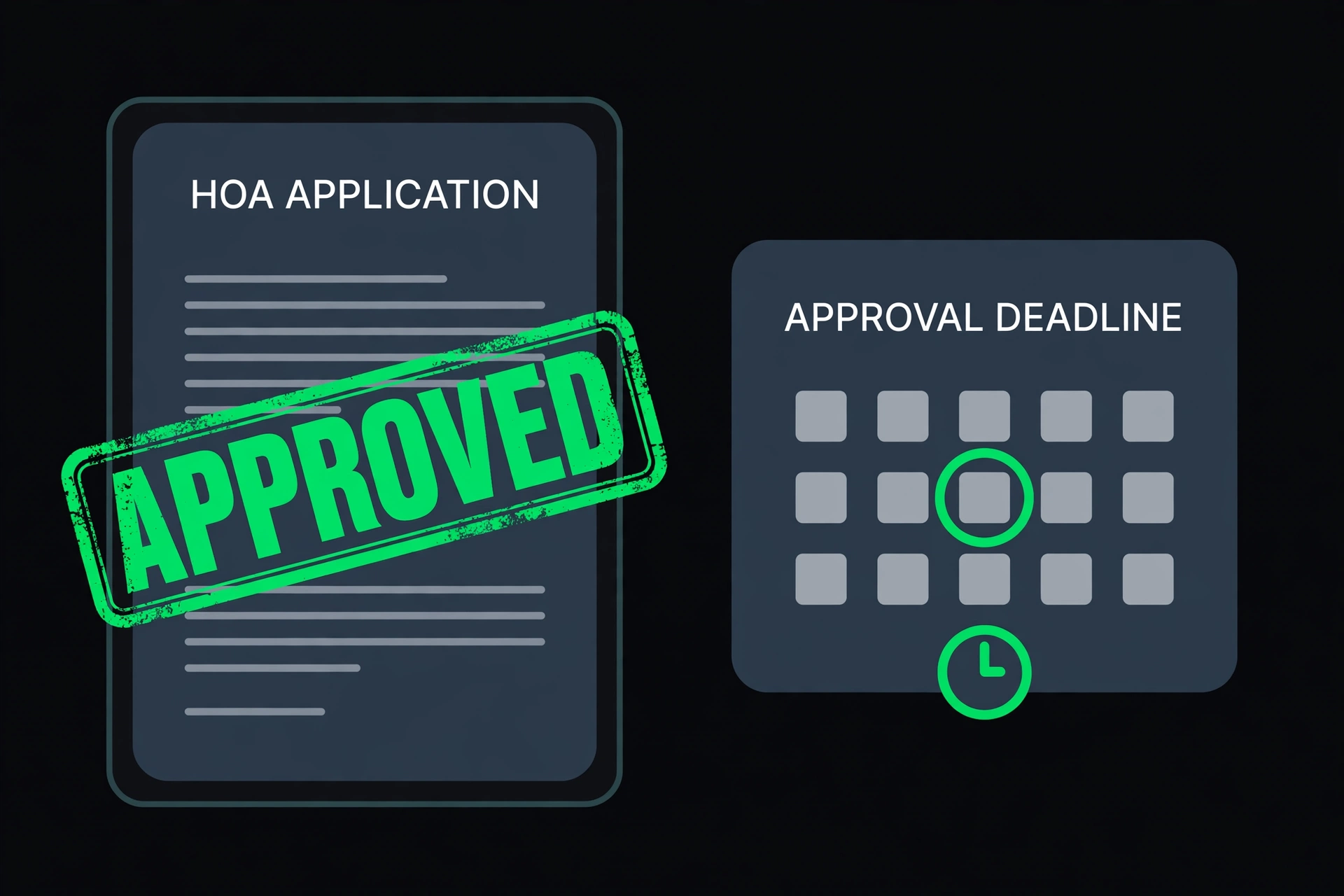 HOA application letter stamped approved beside a calendar marking an approval deadline