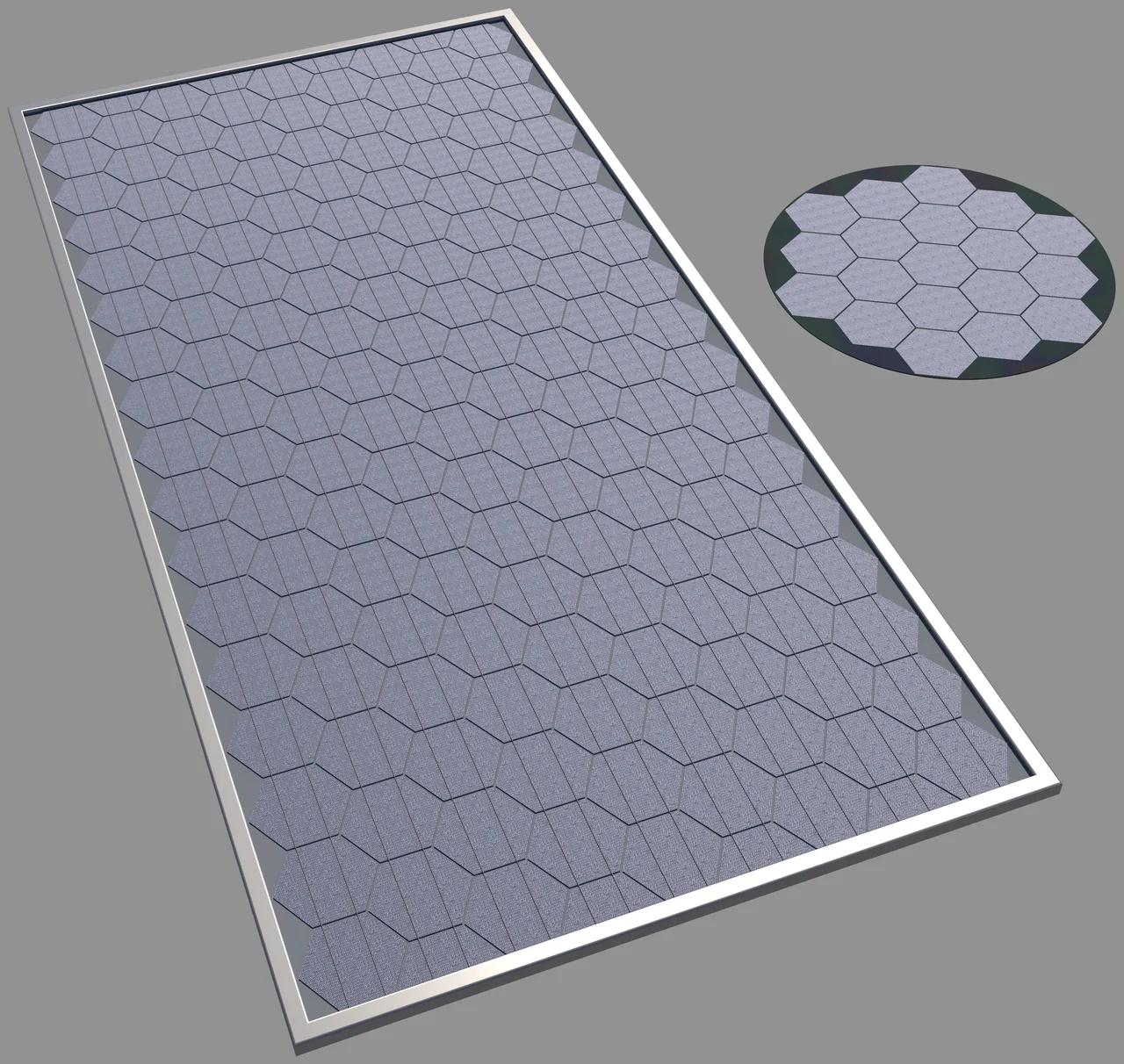 Close-up of hexagonal solar cells on a production line