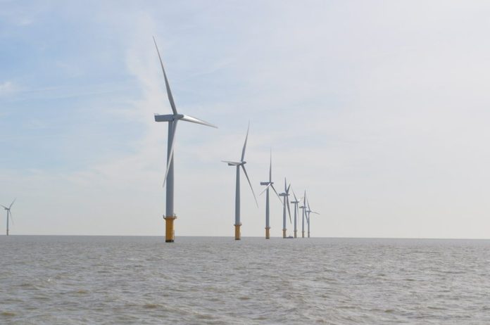 Offshore wind turbines of the Gunfleet Sands wind farm in the North Sea off the Essex coast