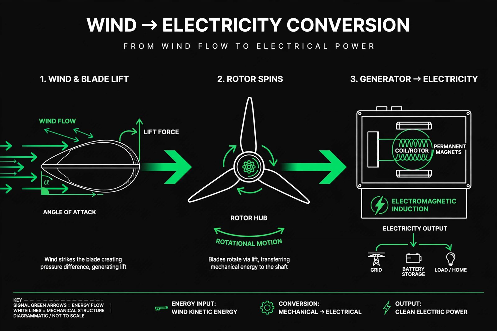 Illustrated diagram of wind-to-electricity conversion: wind arrows striking a blade cross-section to create lift, spinning the rotor and driving the generator