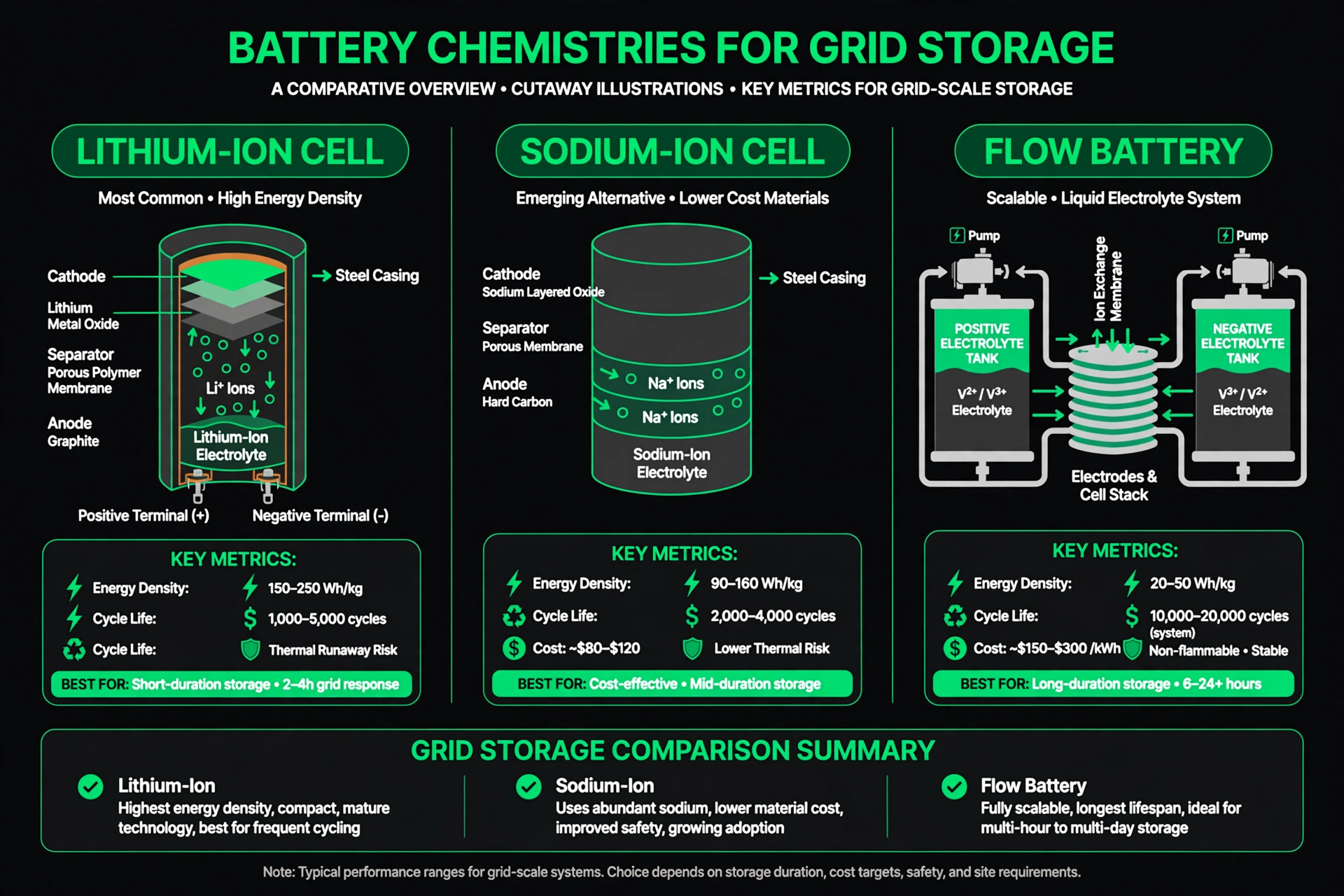 Comparison of lithium-ion, sodium-ion, and flow battery chemistries