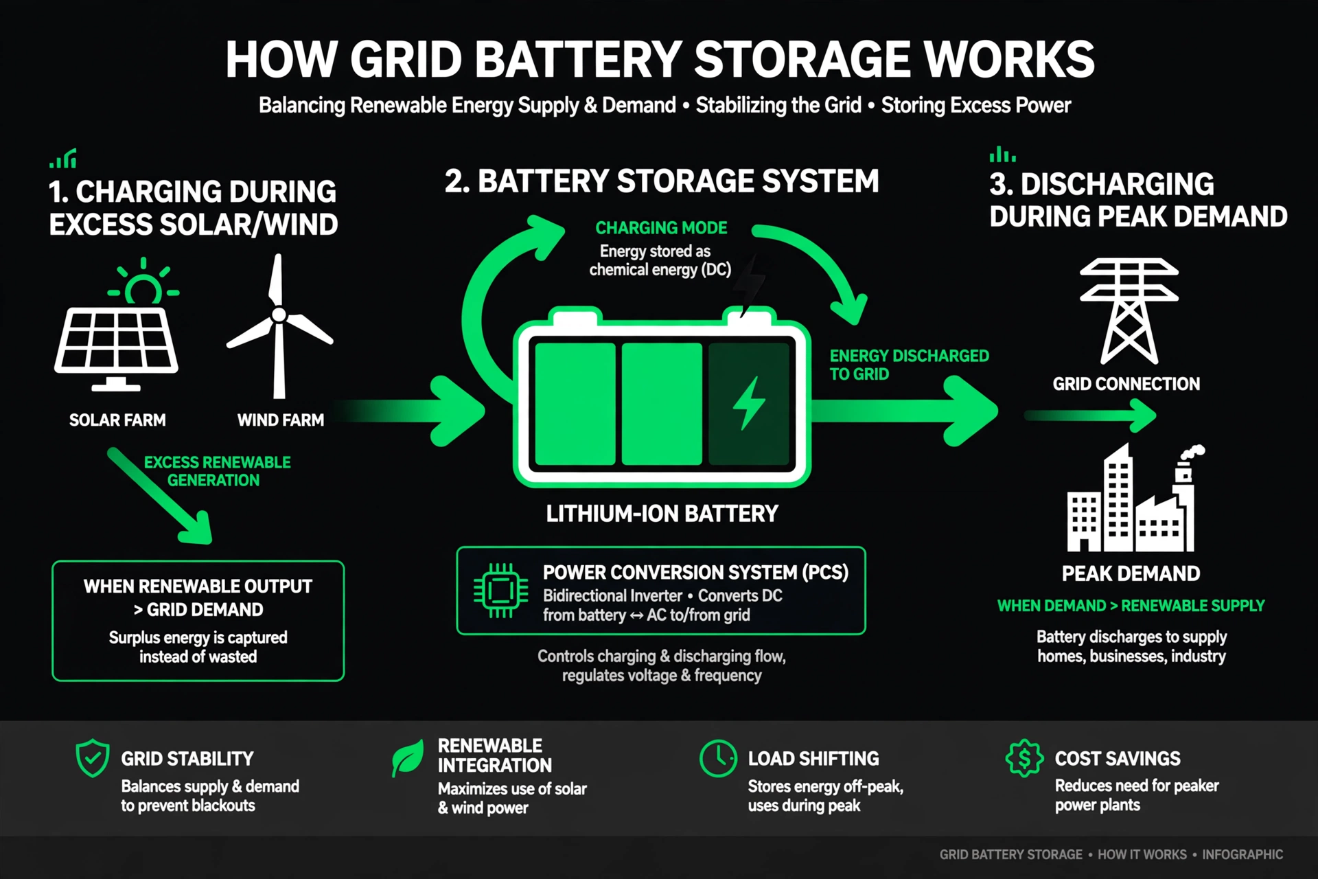 Diagram showing how grid battery storage charges and discharges
