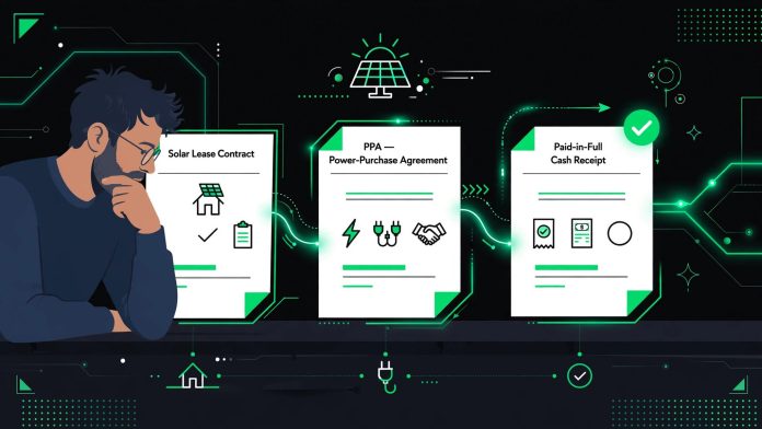 AI illustration of a homeowner comparing three solar financing documents on a kitchen table, dark editorial style with signal green accents