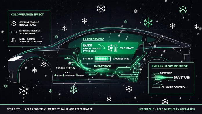 AI illustration of an EV dashboard glowing in a snowstorm, range display showing reduced miles in the cold