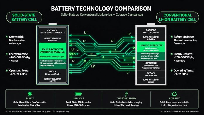 Should You Buy an EV Now or Wait for Solid-State Batteries? The Honest Answer for 2026 Dark editorial AI illustration comparing a solid-state battery cell and a lithium-ion cell with green energy-flow lines