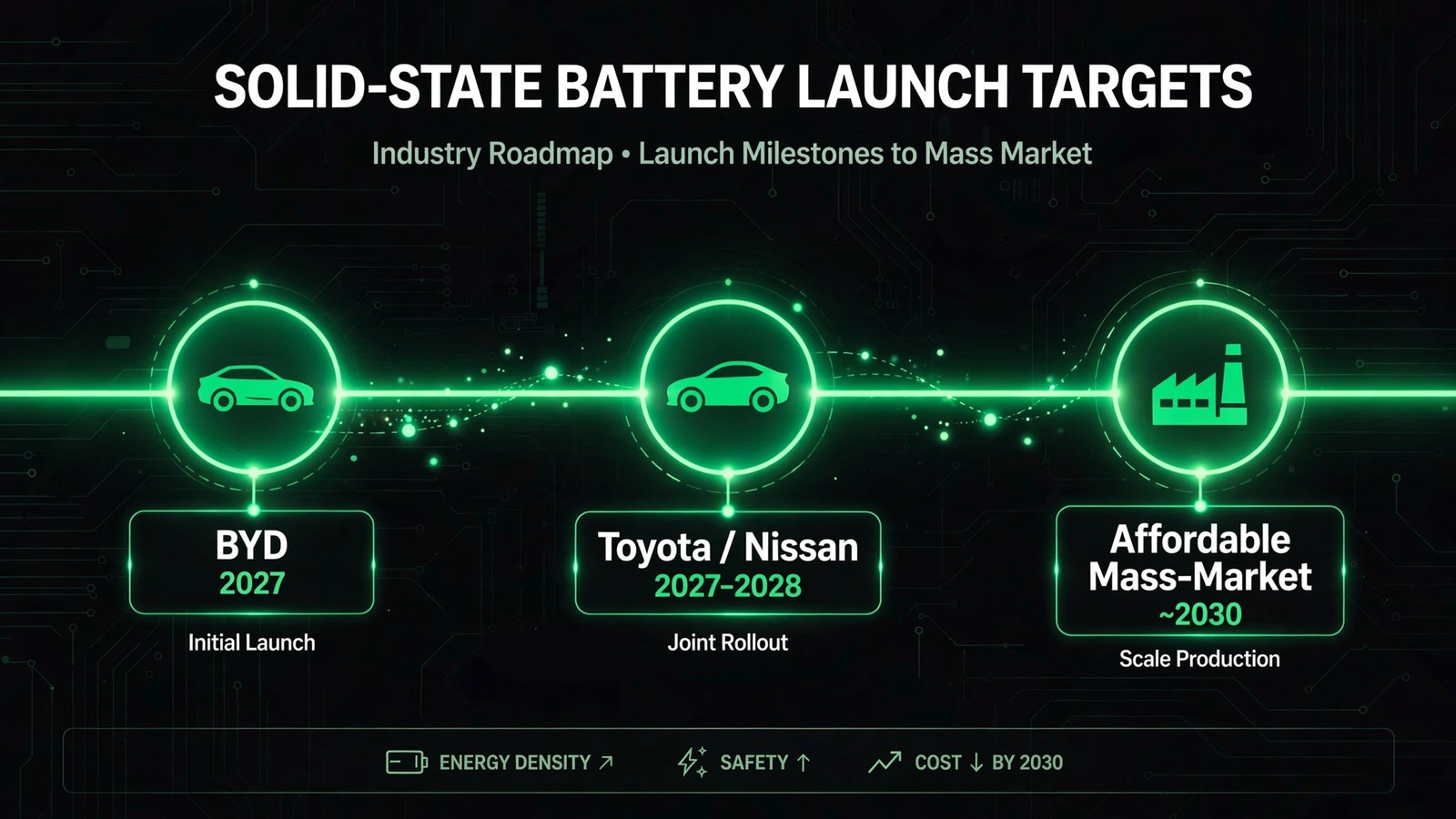 Timeline graphic of solid-state battery launch targets from 2027 halo cars to 2030 mass production