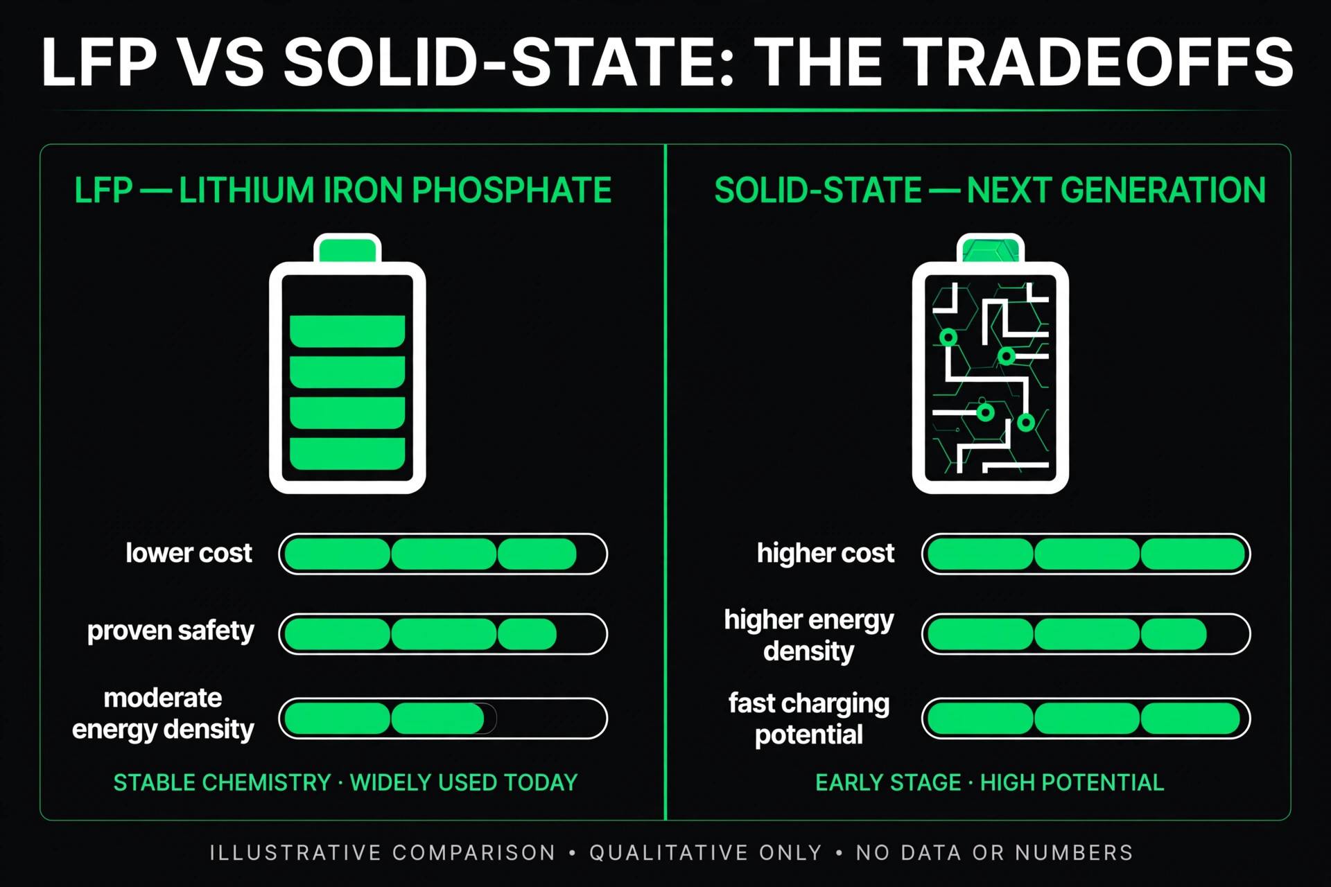Illustration comparing LFP and solid-state batteries on cost, safety, energy density and charging potential, marked qualitative only