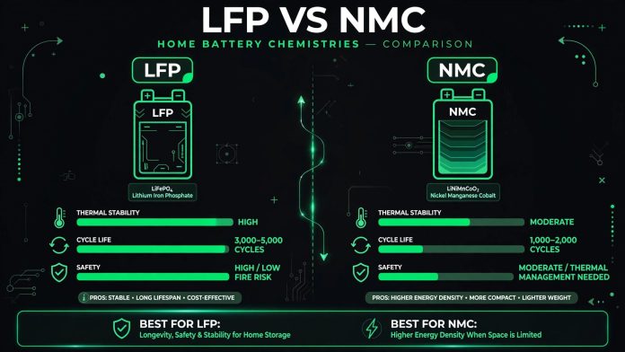 e05-hero Flat vector infographic comparing LFP and NMC home battery chemistries across thermal stability, cycle life, and safety metrics.