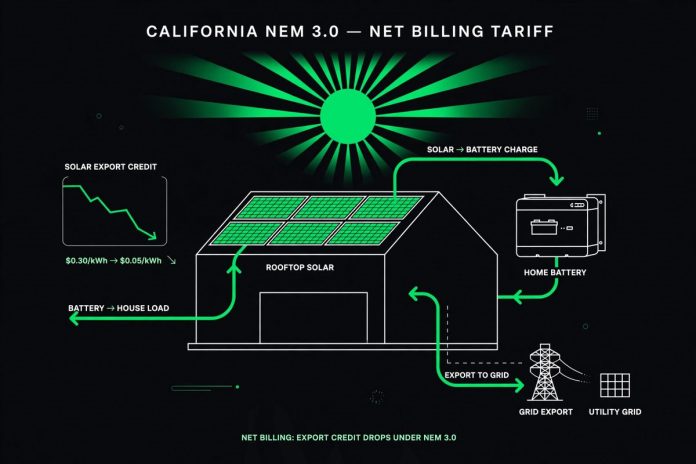 e05-hero Illustration of a California home with rooftop solar and a home battery under NEM 3.0 net billing