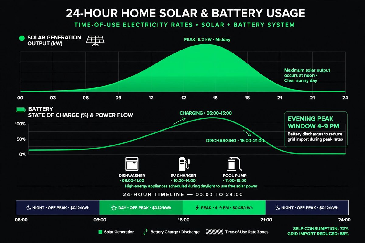 Illustration of a 24-hour solar and battery usage timeline under time-of-use electricity rates