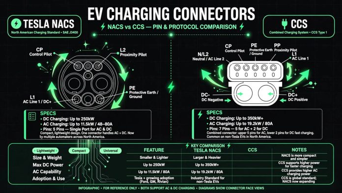 e06-hero Flat vector diagram comparing Tesla NACS and CCS EV charging connectors side by side with labeled pins and specifications.