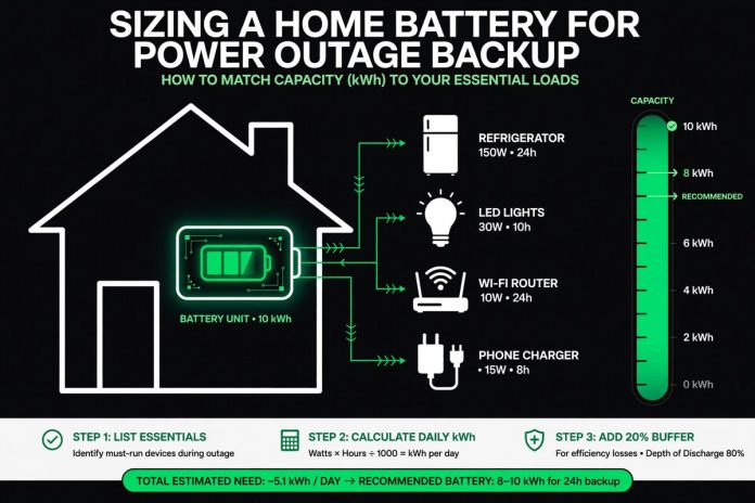 e06-hero Illustration of home battery sizing for power outage backup with essential load icons