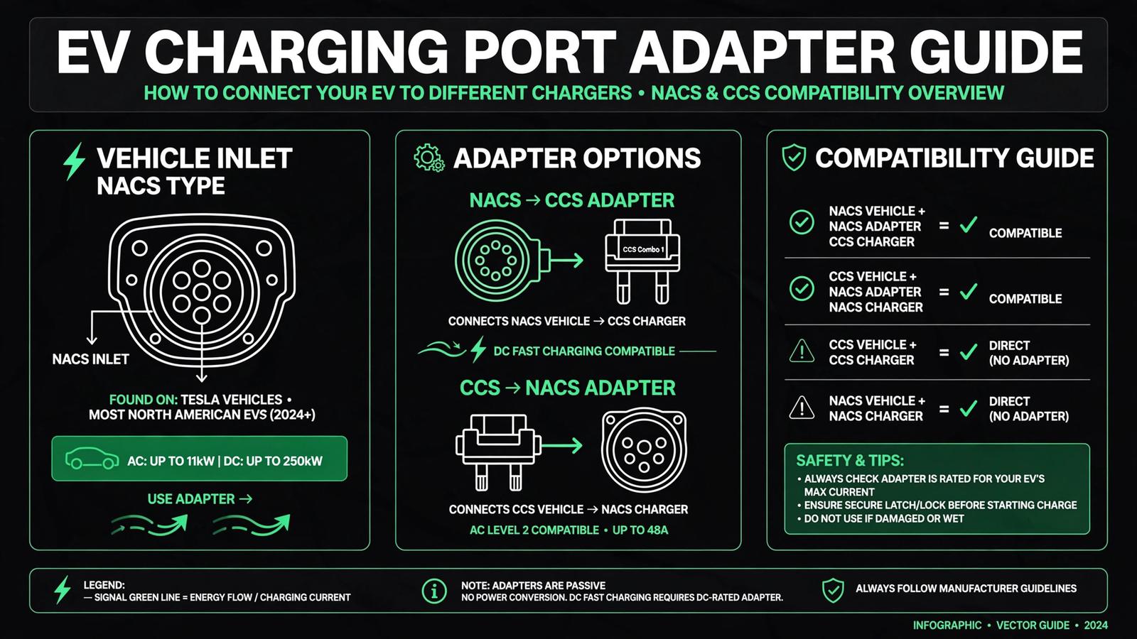 Vector adapter guide showing a NACS vehicle inlet, NACS-to-CCS and CCS-to-NACS adapter options, and a compatibility chart.