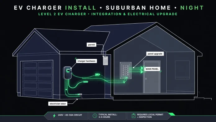 Level 2 EV Home Charger Installation Cost in 2026: What US Homeowners Actually Pay Infographic of a suburban home at night showing a wall-mounted Level 2 EV charger wired to the main electrical panel, with cost callouts for charger hardware, electrician labor, permit and panel upgrade