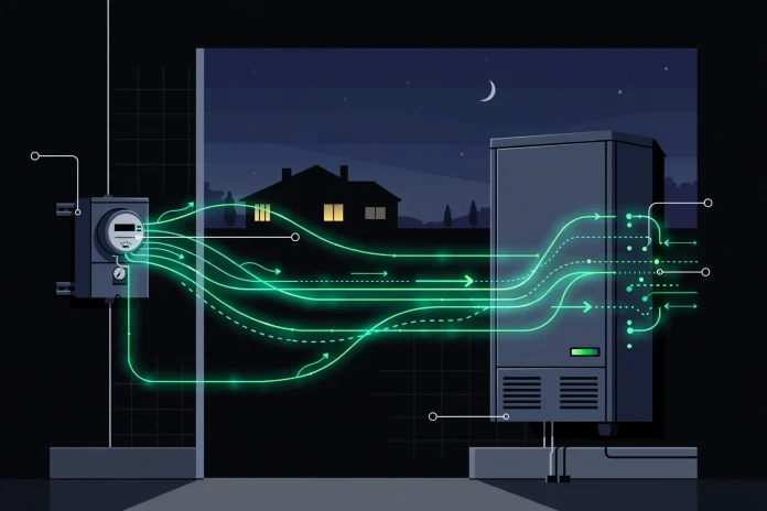 Is a Home Battery Without Solar Panels Worth It? What $13,500 Actually Buys in 2026 Dark-themed illustration of a home battery storage unit charging from the grid overnight, with glowing green energy-flow lines showing power shifted from cheap off-peak hours to expensive peak hours
