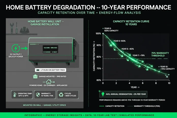 explained-06-hero Illustration of a home battery wall unit beside a 10-year capacity degradation curve with the 70% warranty threshold line