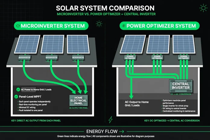 explained-07-hero Split-view illustration comparing a rooftop solar array with microinverters versus power optimizers with a central inverter