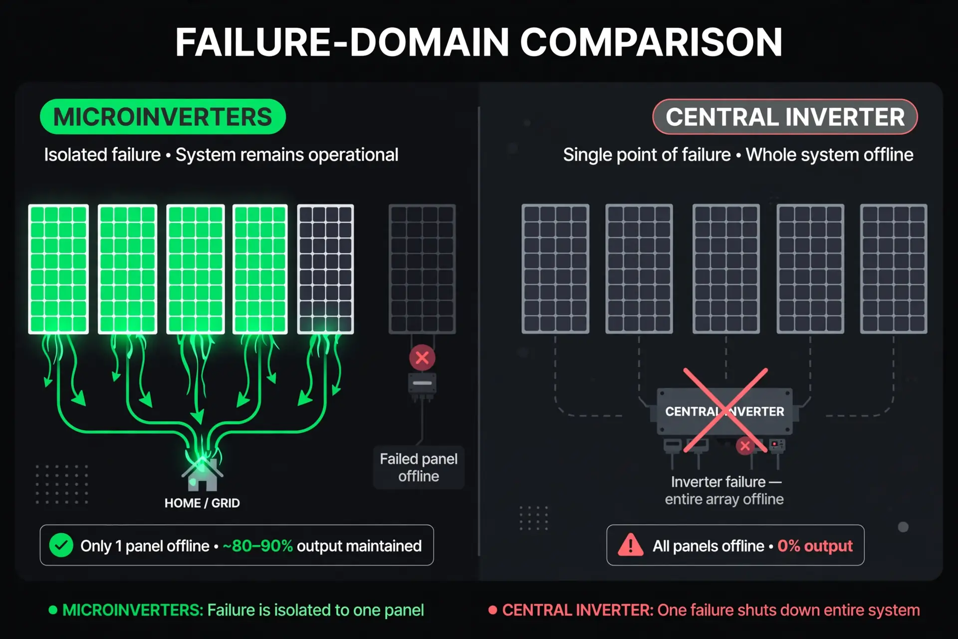 Diagram comparing failure domains: one failed microinverter versus a failed central inverter shutting down the whole array
