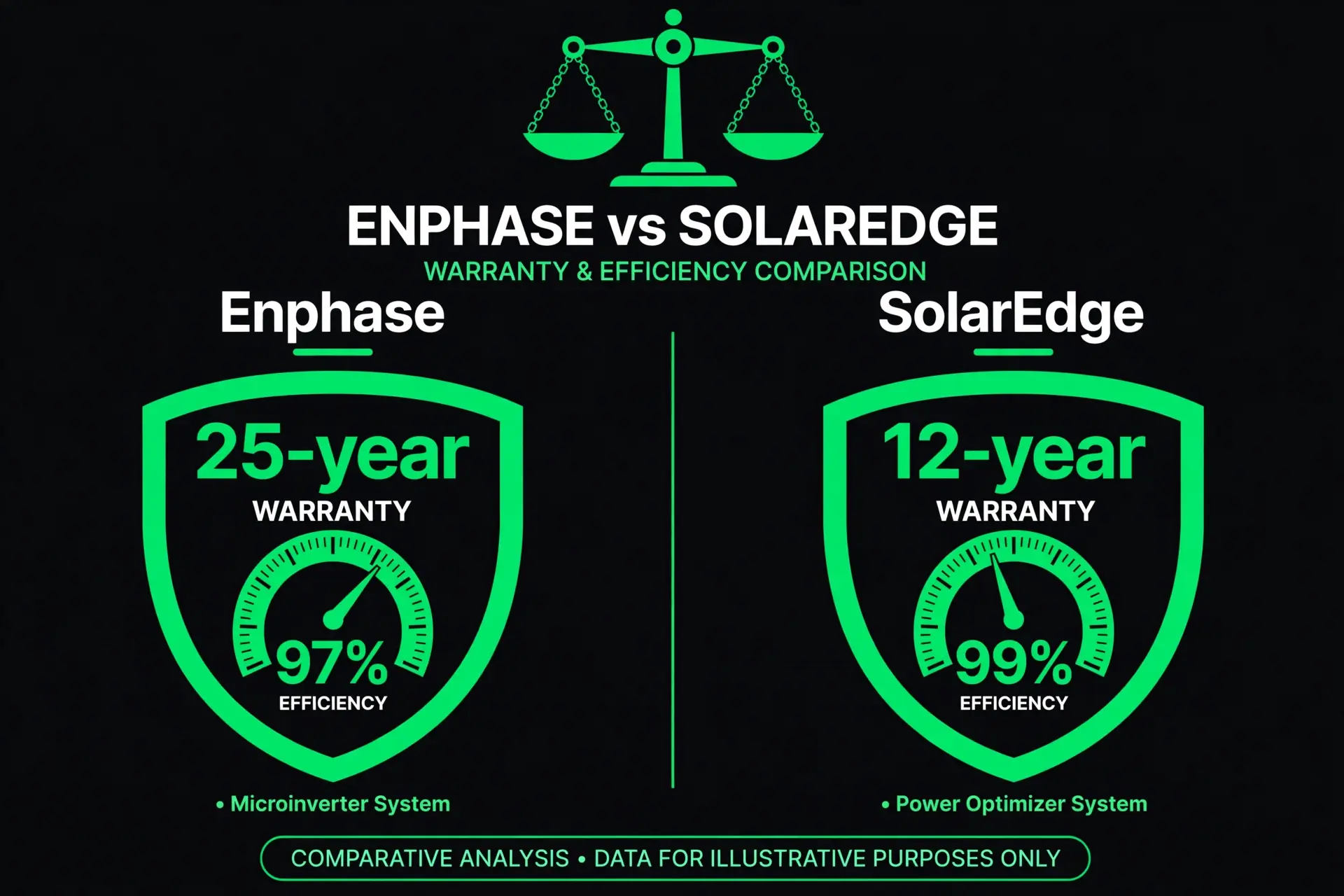 Comparison visual of Enphase 25-year warranty and 97% efficiency versus SolarEdge 12-year warranty and 99% efficiency