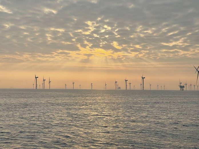 Offshore wind turbines standing in the North Sea