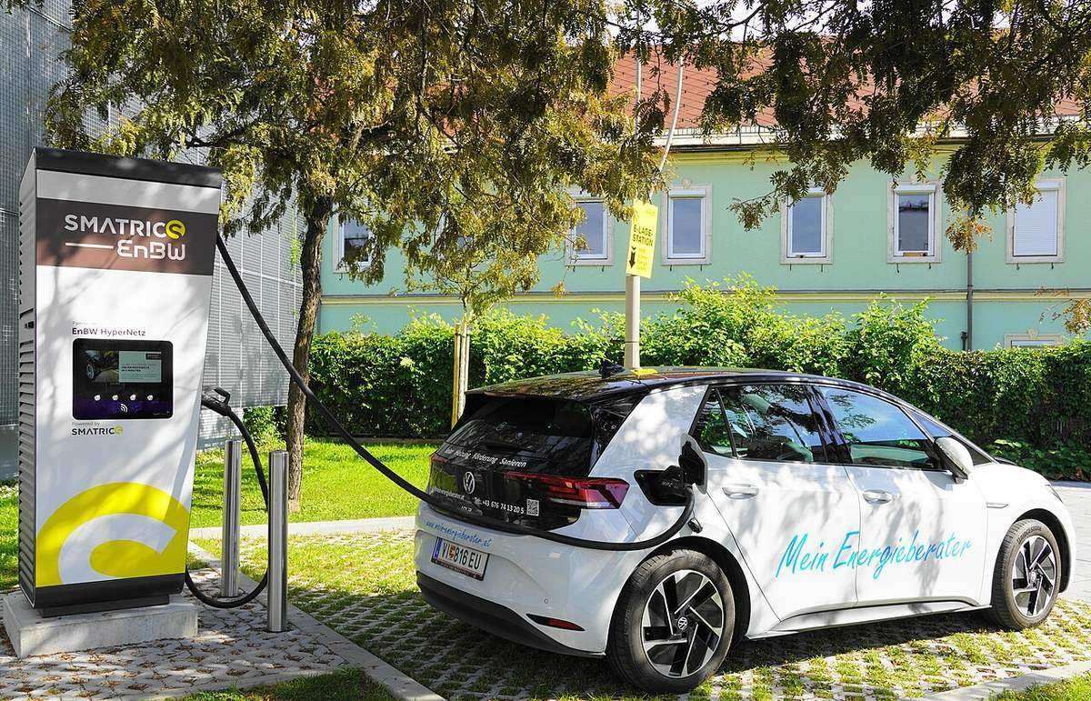 Electric cars charging at a fast-charging station in Europe