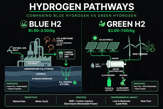 Blue vs green hydrogen cost and emissions comparison infographic