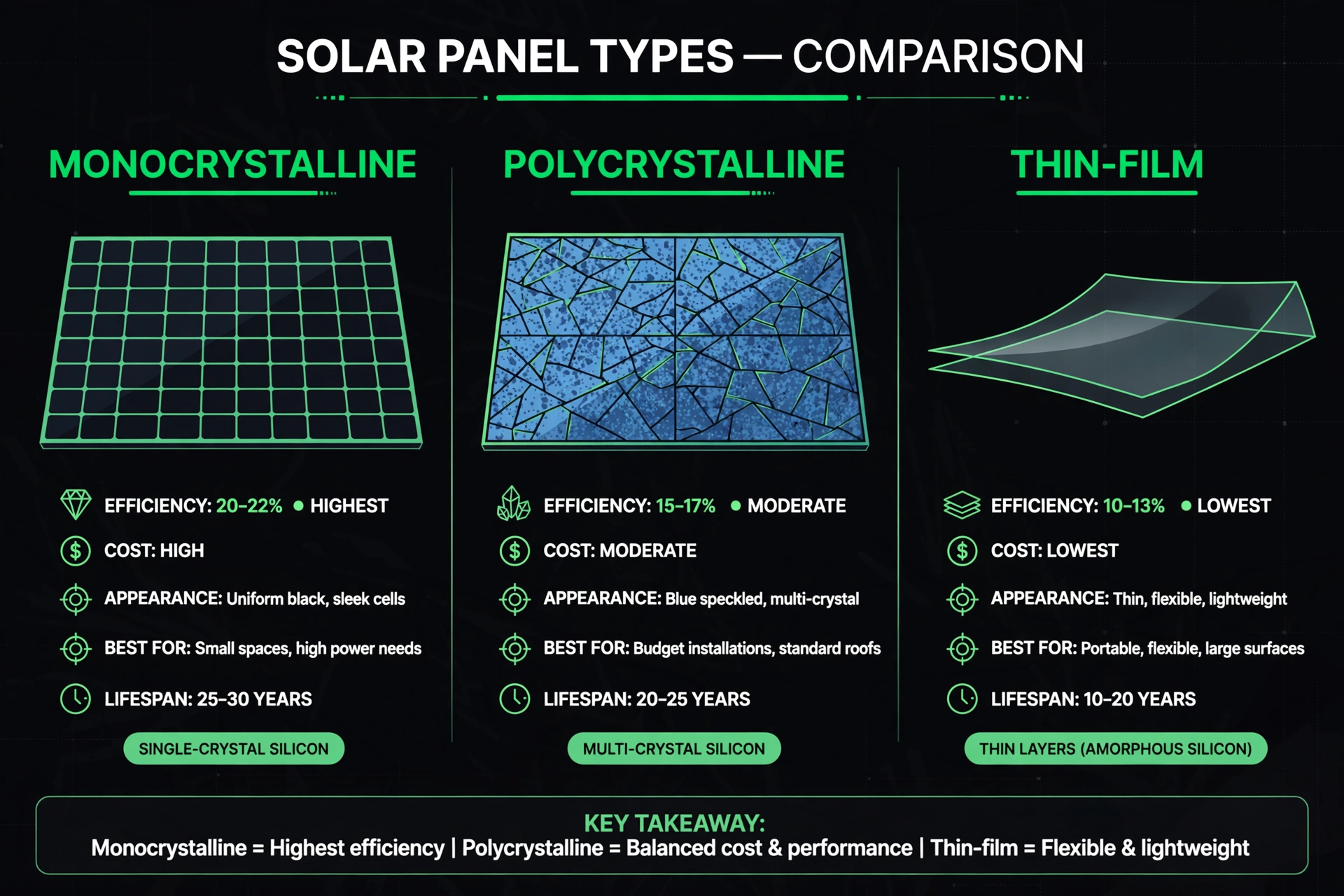 Comparison of monocrystalline, polycrystalline, and thin-film solar panels
