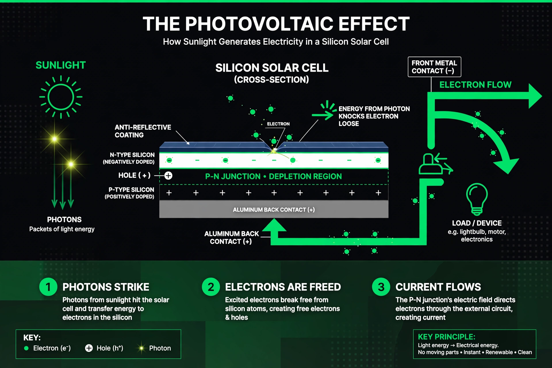 Diagram illustrating the photovoltaic effect in a silicon solar cell